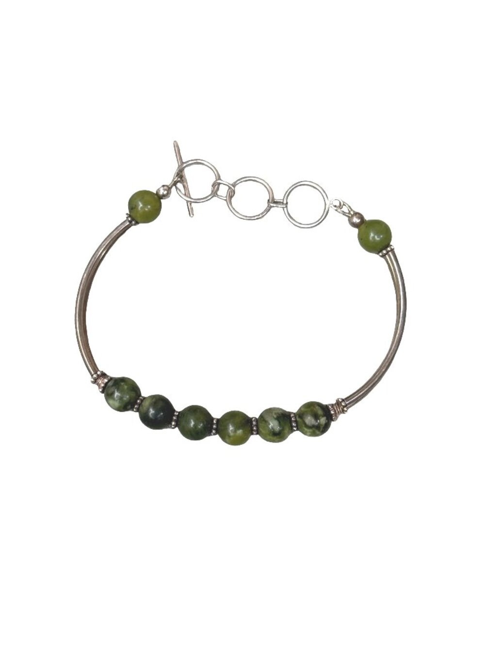 Vintage Connemara Marble Green Stone & Sterling Silver Beaded Bracelet 7"